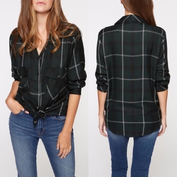 Sanctuary Tops - Sanctuary Plaid Boyfriend Shirt Dark Green With White Stripes Button Up Size Med